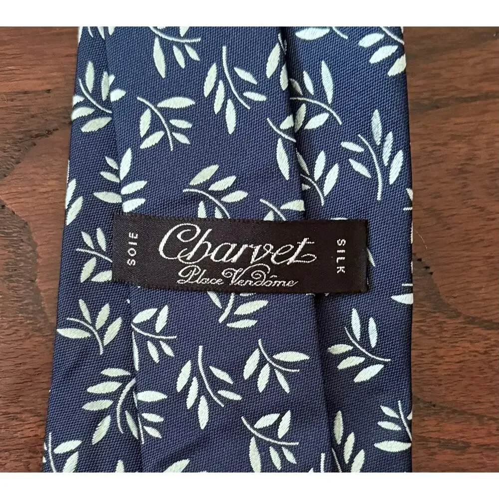 $325 NWT Charvet Paris Blue & Silver Branch Leaf Pattern 100% Silk Neck Tie